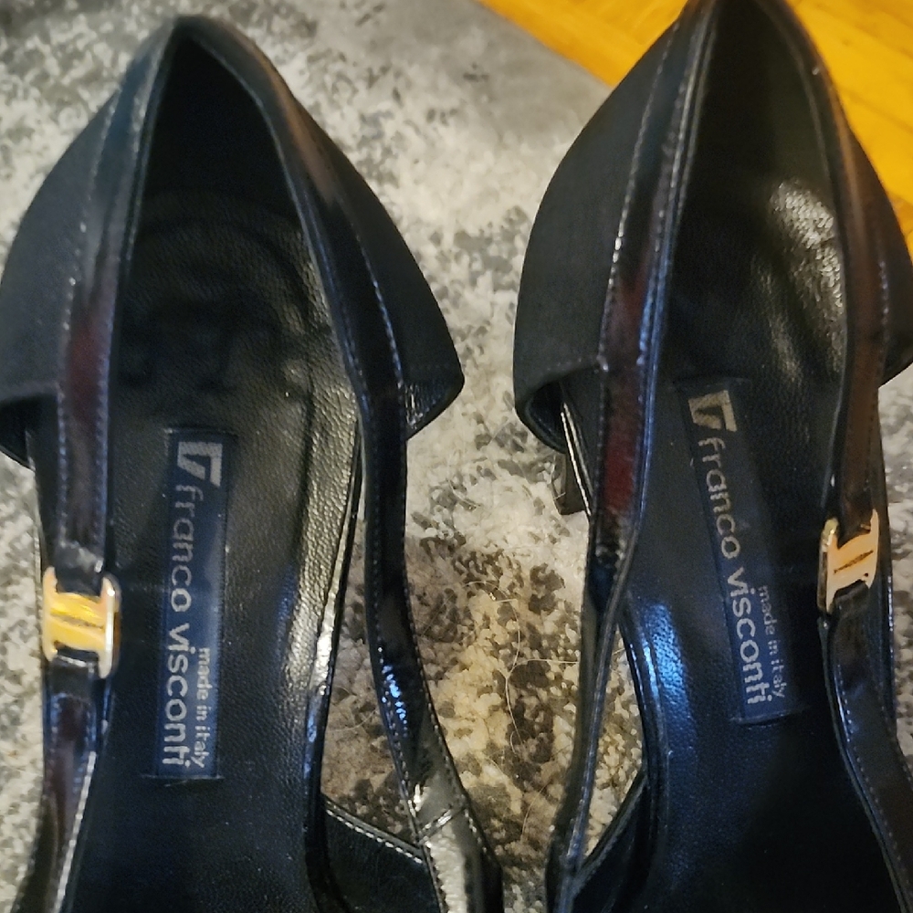 Black Pointed Slingback Heels with Gold Buckle